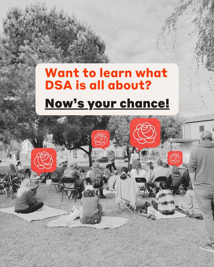 A crowd of people listening to a talk. A bunch of roses in speech bubbles arising from the crowd. Text that says "want to learn what DSA is all about? Now's your chance!"