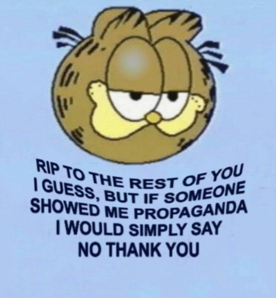 Garfield saying RIP TO THE REST OF YOU I GUESS, BUT IF SOMEONE SHOWED ME PROPAGANDA I WOULD SIMPLY SAY NO THANK YOU