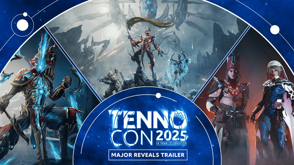 Caliban Prime, Uriel, and the Protoframes of Harrow and Wisp all stand in a semi-circle pattern. The center of the image has a smaller semicircle of text that reads "TennoCon 2025: 10 Year Celebration - Major Reveals Trailer."