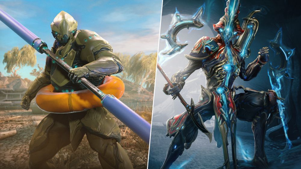 Rhino stands on the left with the Noodletron Hammer Skin while wearing an inflatable flotation ring, while Caliban Prime stands with his weapons and accessories on the right.