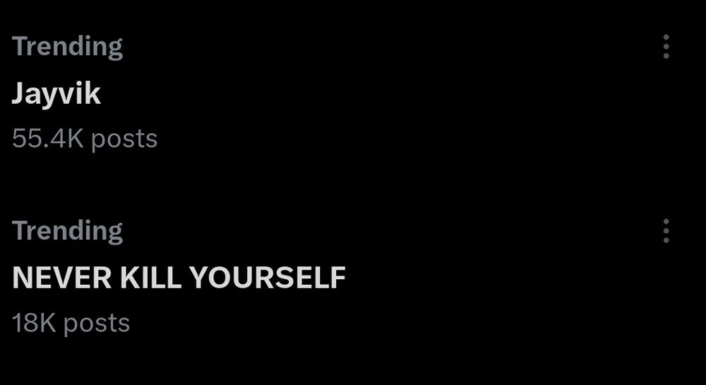 screenshot from twitter's trending topics tab. the tags "jayvik" and "NEVER KILL YOURSELF" are listed on top of one another
