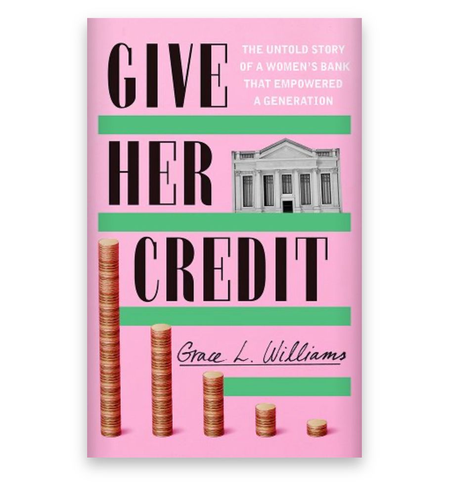 A pink book cover with stacks of pennies and a bank with the words “Give Her Credit”