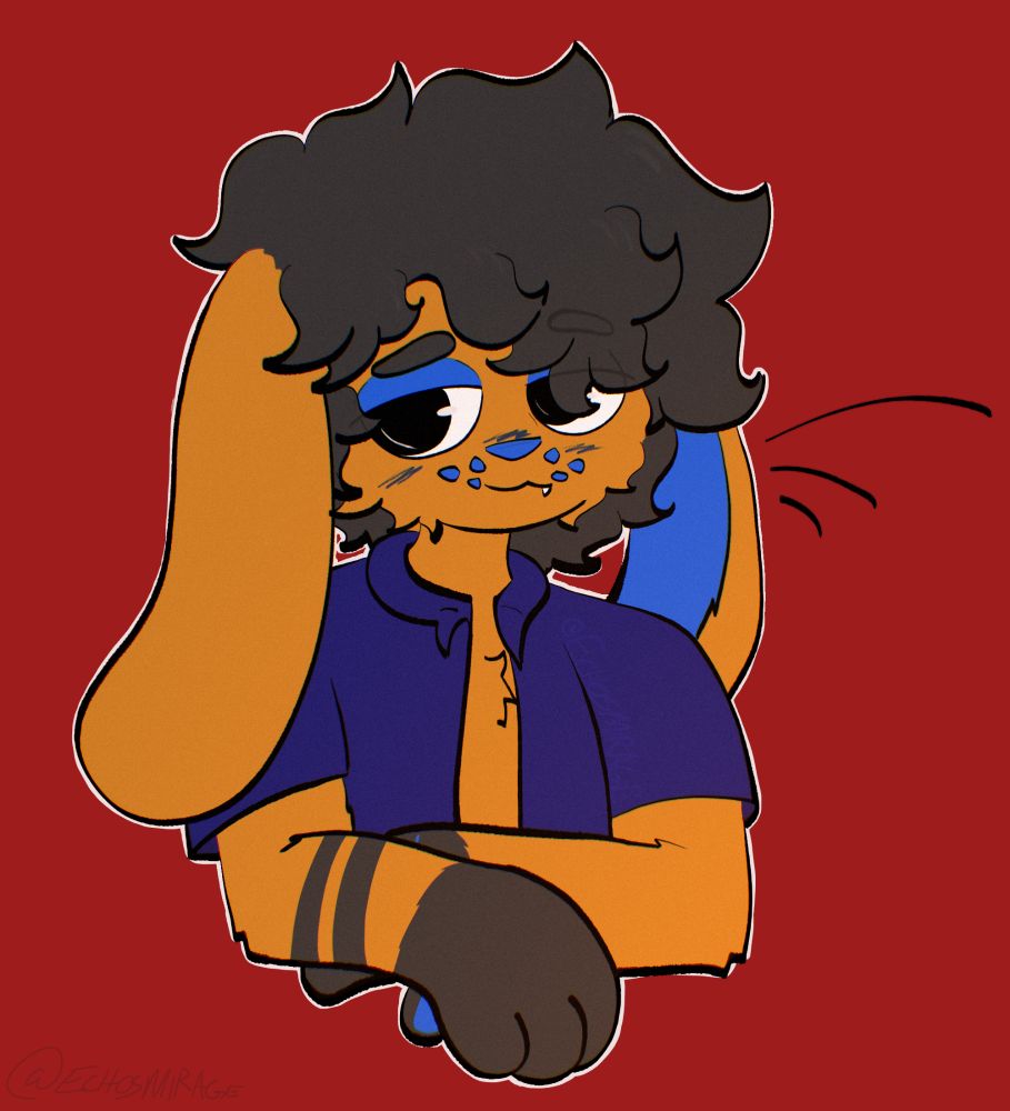 A halfbody of an orange anthro hare-hound hybrid original character with his arms crossed smiling. Art by EchosMirage. 