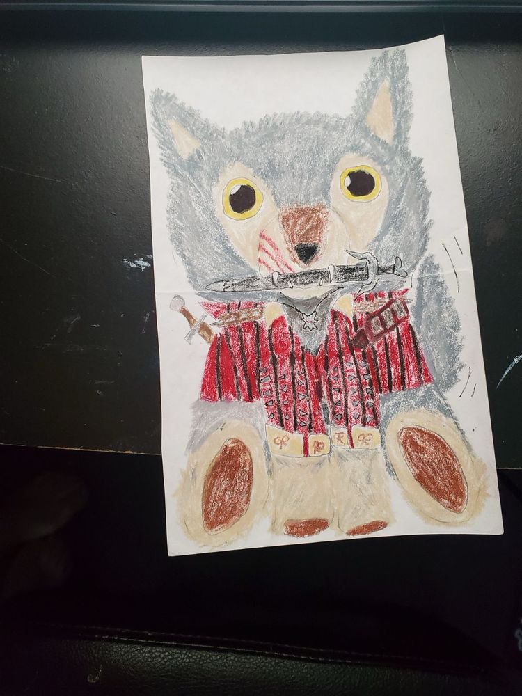 A sketch of the same wolf sitting down, dressed in Eskel’s jacket from the Witcher 3. He’s holding a sword in his mouth and wagging his tail, as if inviting you along.