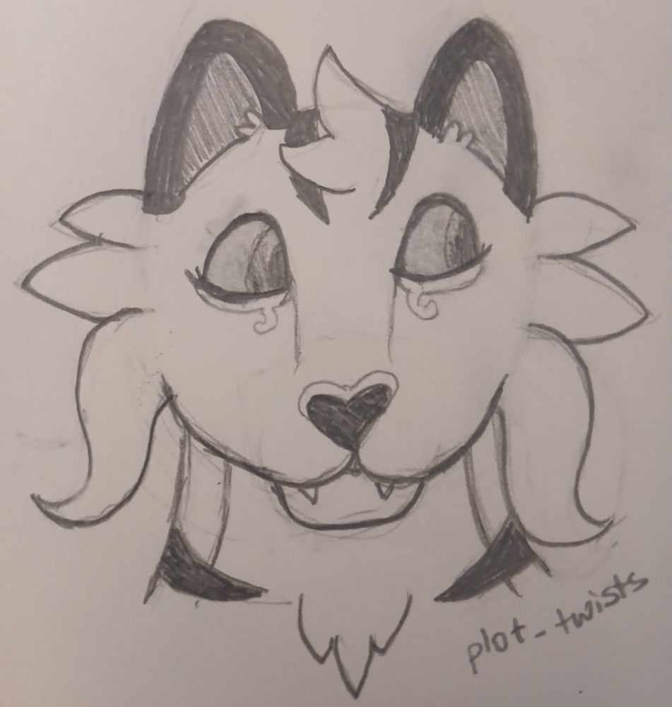 A bust of a cat with long cheek fluff, stripes, and a haunted look in her eyes, drawn with pencil on paper.