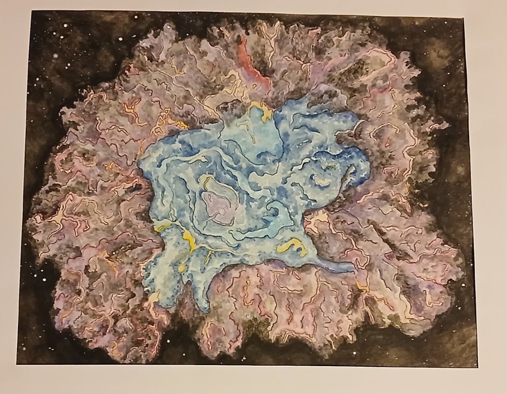 This is a watercolor painting of the crab nebula. The center is represented in shades of blue and the outer portion of the nebula is shades of pink.