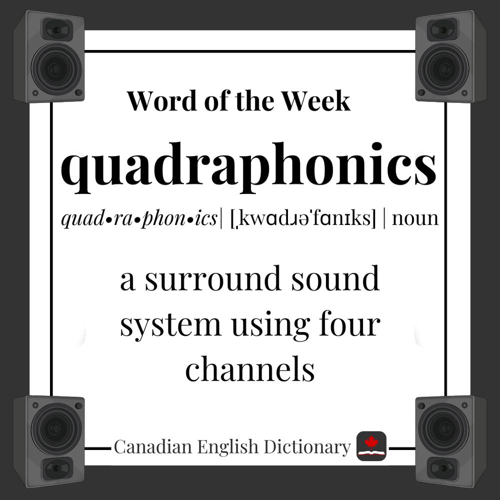 Definition of quadraphonics on a white background with a black border.  Graphics of speakers in all four corners.