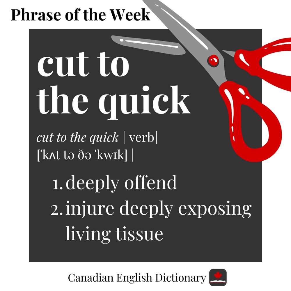 The definition of cut to the quick on a white and grey background.  Graphic of a red pair of scissors in the top right corner. 