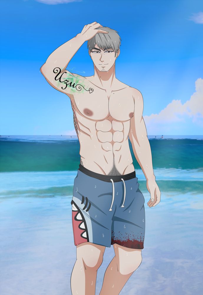 Old Kiryu Kazuma from yakuza/rgg/like a dragon series with shark swim on the beach