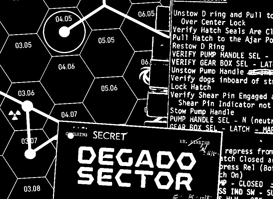 Black and white space map, starship flight document, and card that reads "DEGADO SECTOR"