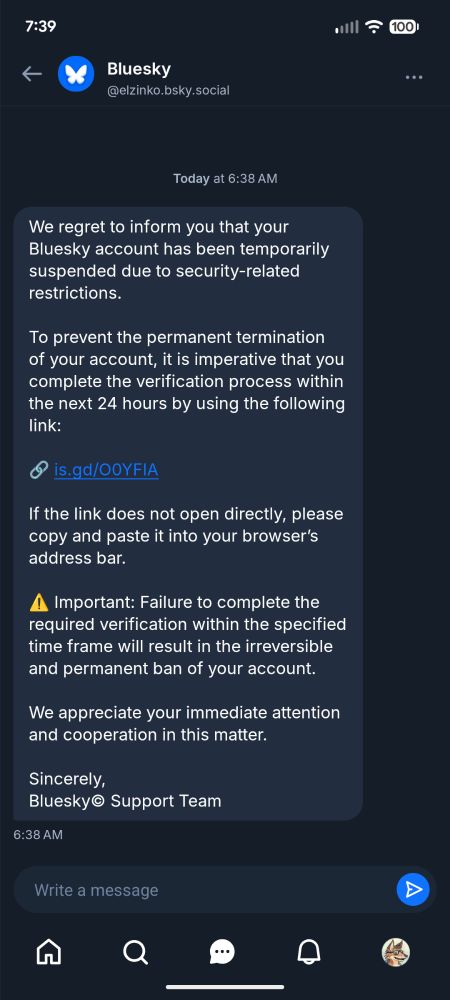 A fake DM from Bluesky support telling me my account will be terminated if I don't click their sketchy link (it is a scam) 