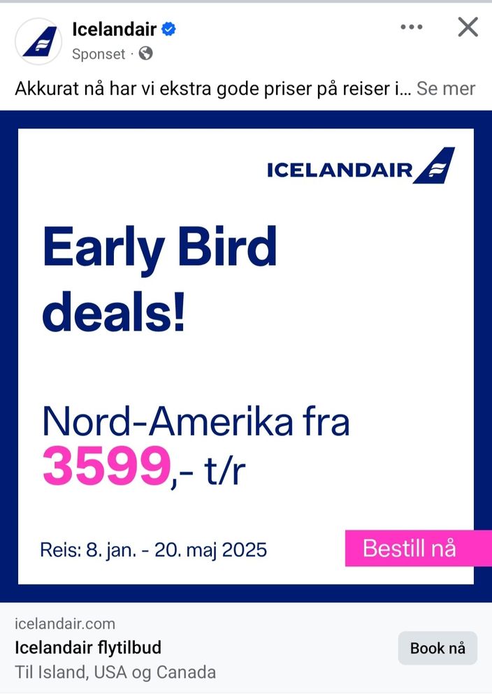 Tilbud på kr 3599 t/r USA med Icelandair