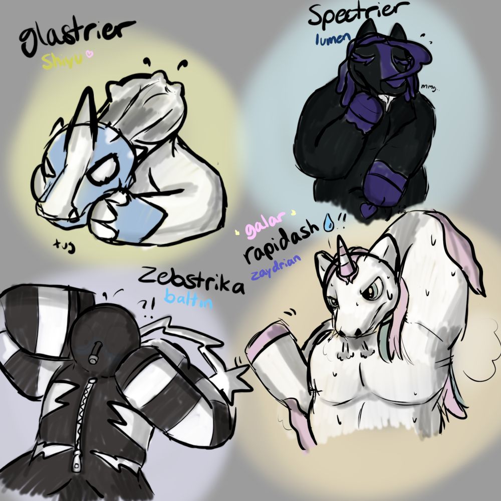 shiyu in glastrier tugging at his face
lumen in spectrier rubbing his bulge
baltin in zebstrika just like confused ngl hes upside down whaddya expect
zaydrian in rapidash a bit hot and tired