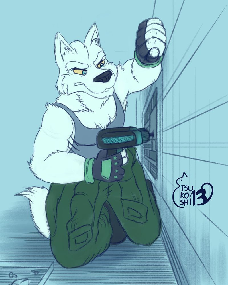 Fox 'Sorrow' McCloud, as drawn by TSukoshi13.bsky.social fixing up his ship.