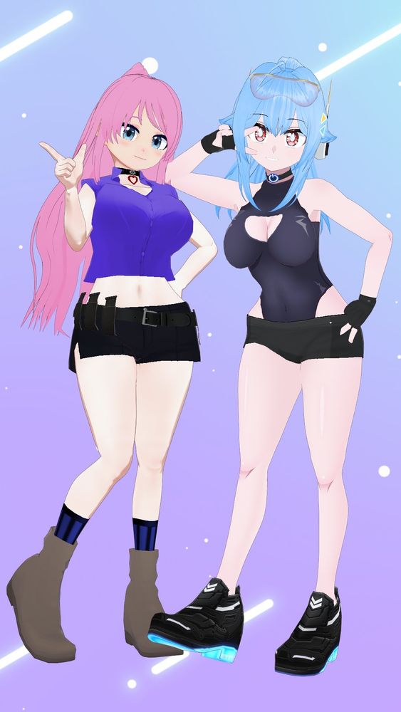 Two Vroid models depicting Sotuna Hachima on the left and Sain Cisco on the right, both posing together for the camera.