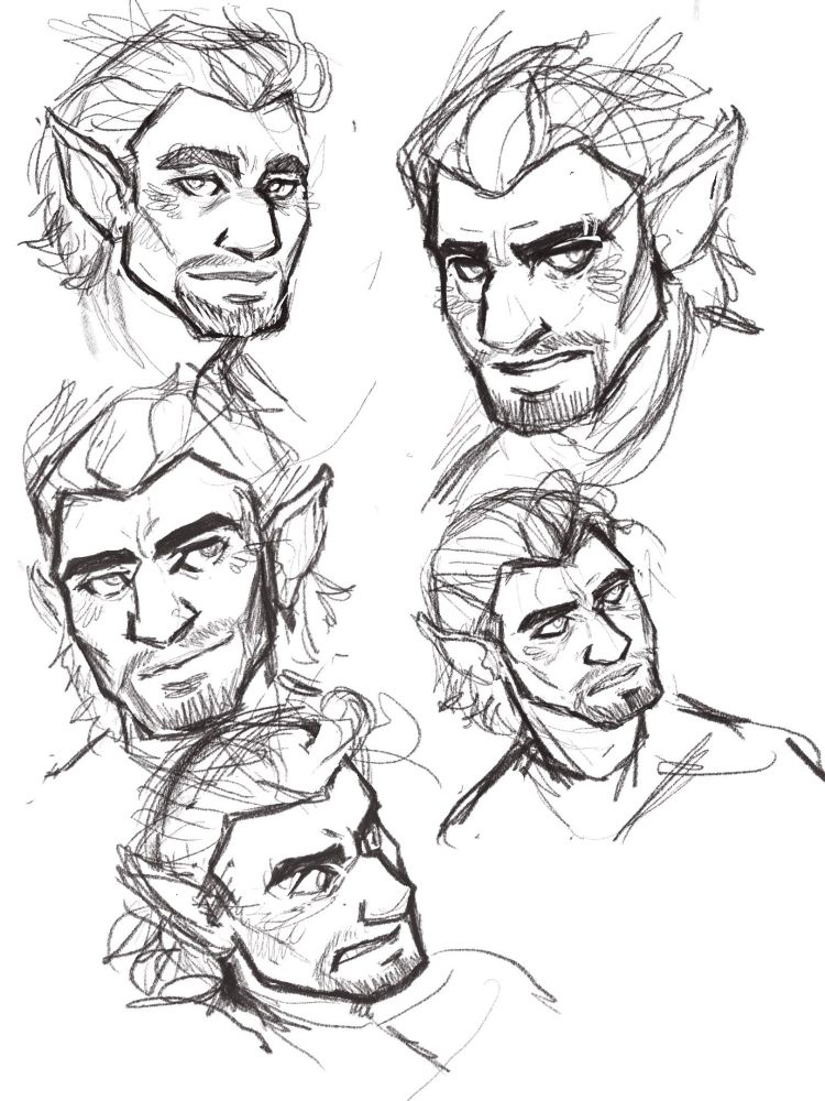 Five sketch portraits of Sanet, my original character, making different faces