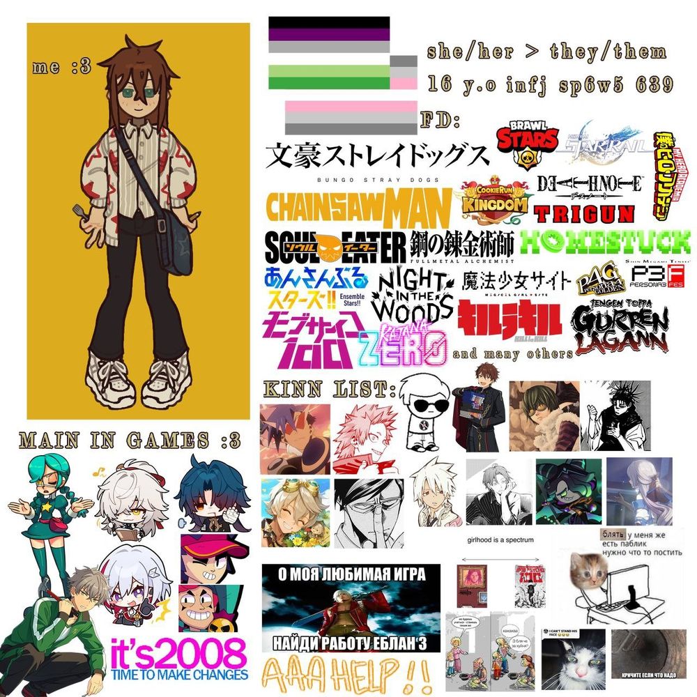 i'm an aroace and demigirl. now my main fandom is gurren lagann, ok, k.o. let's be heroes, honkai: star reil, soul eater, jjk. other fandoms: bungo stay dogs, brawl stars, death note, me hero academia, chainsawman, fullmetal alchemist, trigun, magical girl site, kill la kill, enstars, cookie run, night in the woods, katana zero, mob psyho 100, persona 3, 4, 5 and many other ! u can ask me about any fd :D