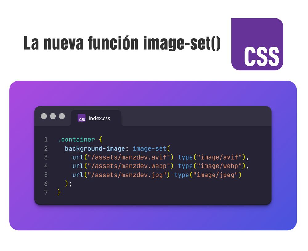 .container {
  background-image: image-set(
    url("/assets/manzdev.avif") type("image/avif"),
    url("/assets/manzdev.webp") type("image/webp"),
    url("/assets/manzdev.jpg") type("image/jpeg")
  );
}