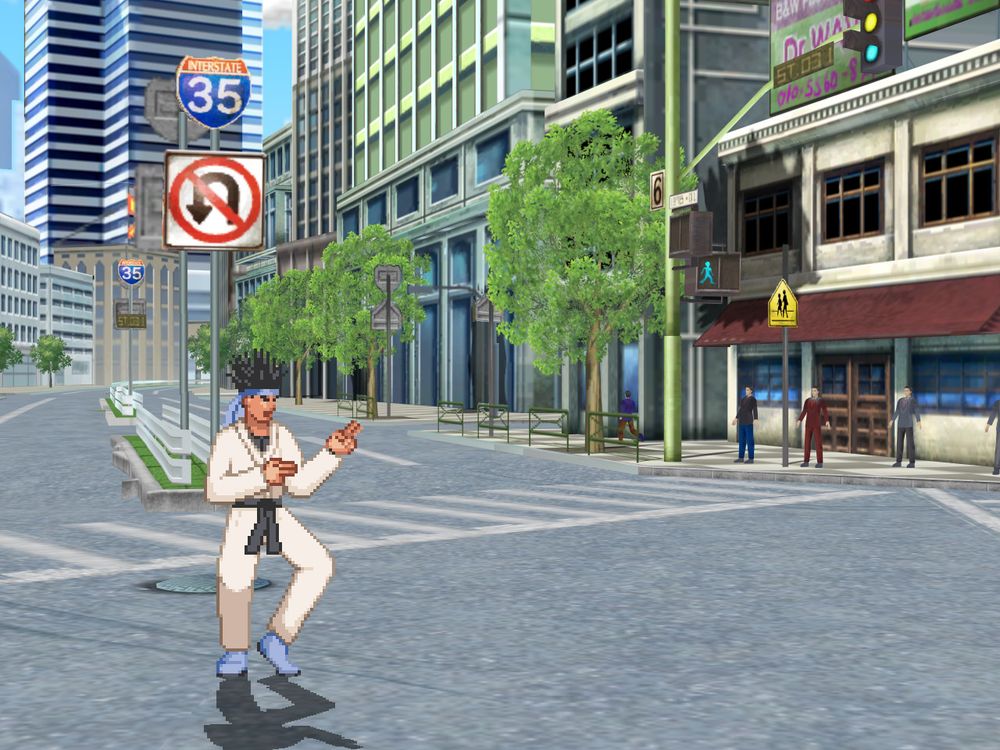 A screenshot of Ikemen Go showing a 3D stage conversion from Tatsunoko vs. Capcom. Kung Fu Man stands in a cityscape.