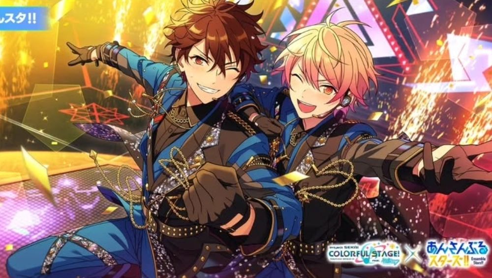 a screenshot of one of the five star cards in enstars for the collab. it features chiaki and tsukasa, from project sekai.
