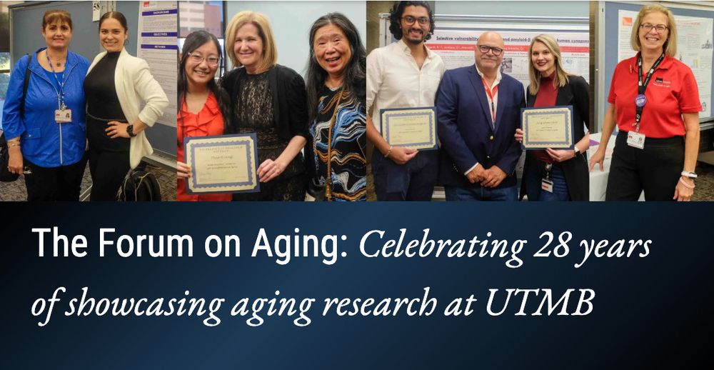 photo collage of forum attendees - people of different age, sex and ethnicity in a professional setting, smiling, with certificates in front of research posters

The Forum on Aging: Celebrating 28 years of showcasing aging research at UTMB
