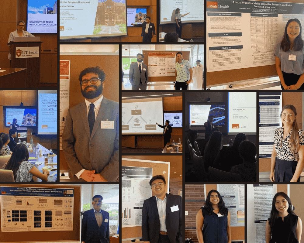 collage of students presenting posters and giving presentations