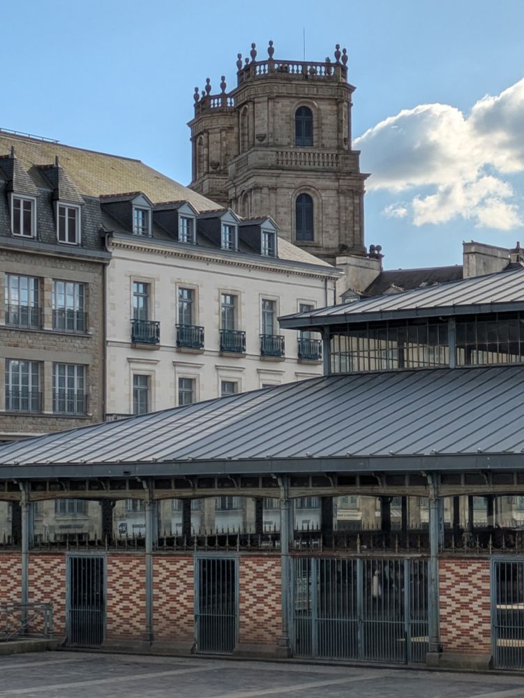 Cathedral and buildings behind Marché des Lices in Rennes