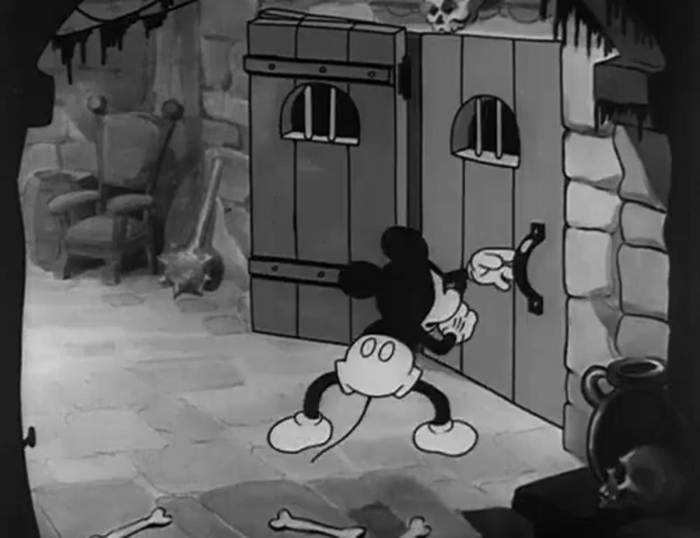 a black and white cartoon of mickey mouse standing in front of a door with the number 00 on it