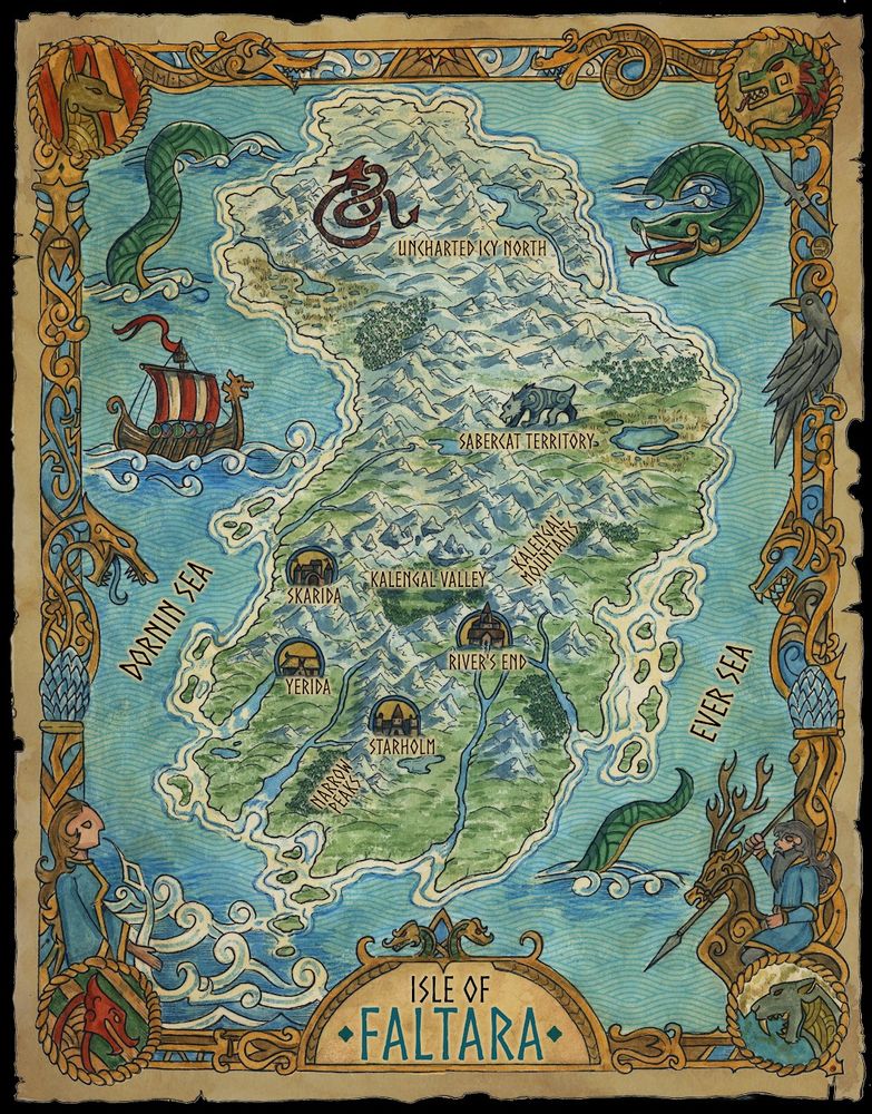 Hand-drawn map of the Isle of Faltara, the setting of the book, Children of the Gods.