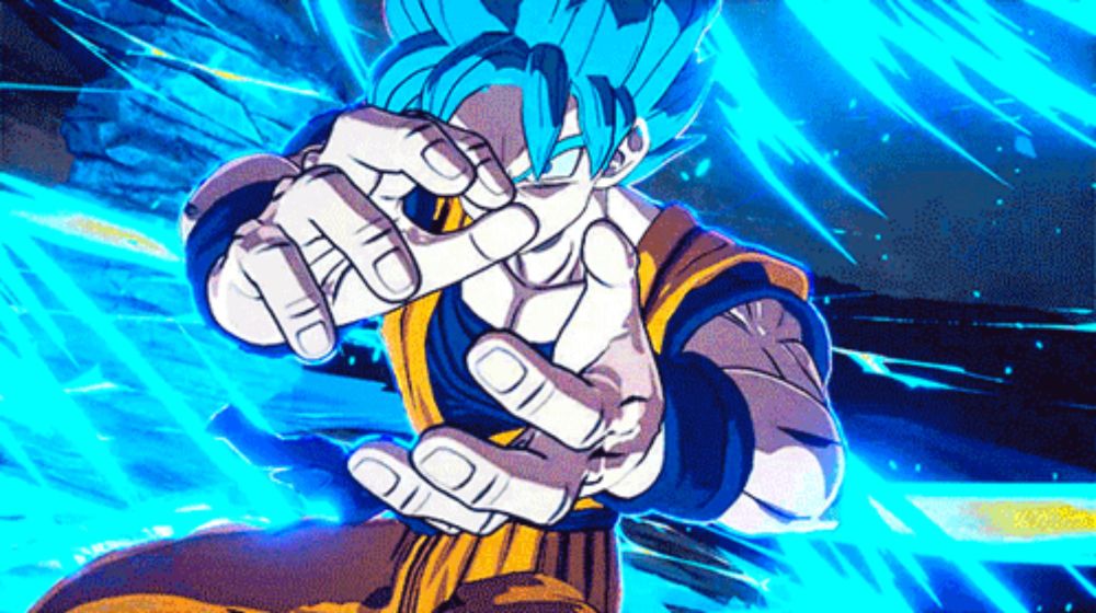 a cartoon character with blue hair is making a fist with his hands in a video game .