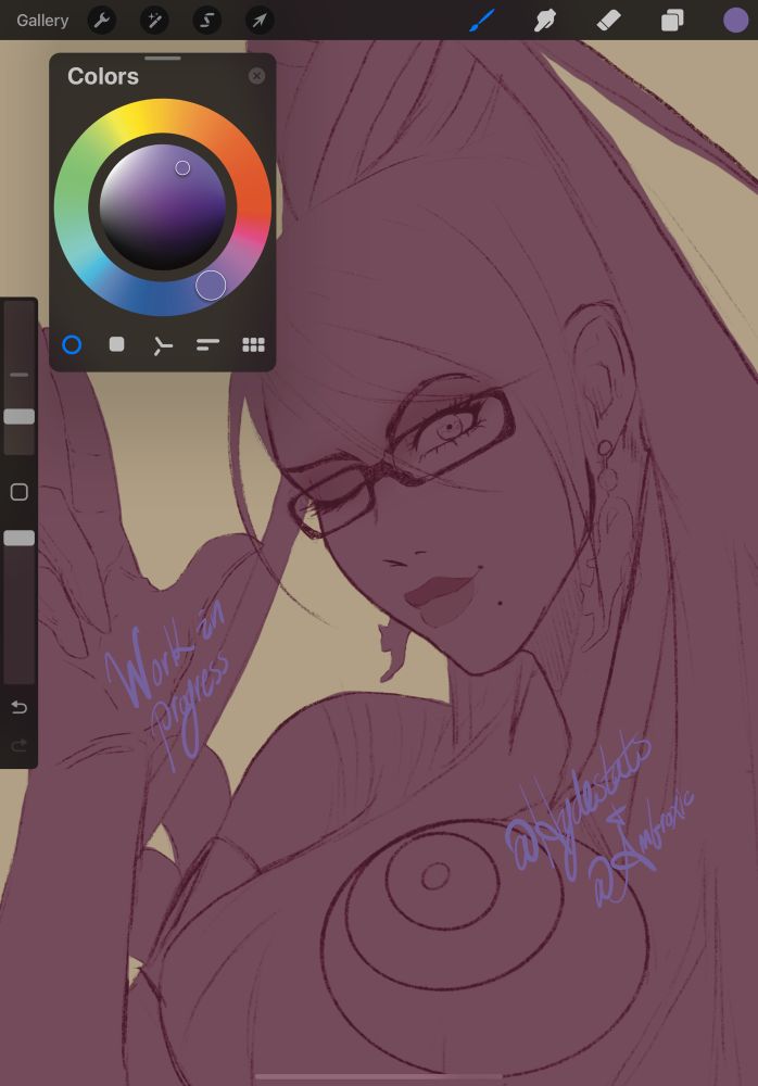 Rough doodle of Bayonetta winking at the viewer. She has her right hand up and is making a hand gun motion while smiling. The work has “work in progress” and “hydestats + ambroxic” written over the piece.