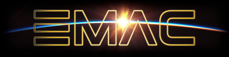 A logo spelling out "E M A C" short for NASA Goddard's Exoplanet Modeling and Analysis Center. The letters are floating in front of a sunrise on Earth as seen from the international space station.