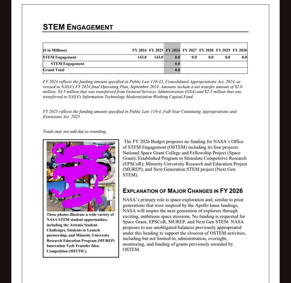 Picture of NASA budget proposal showing $0 for stem education next to a picture of kids learning from said programs.