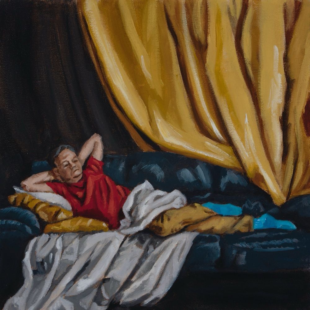 Bro Sketch with Gold Curtain is a 12x12” oil on canvas gestural painted sketch of a man wearing khakis on a sofa posed with his arms behind his head and modestly draped with white fabric.