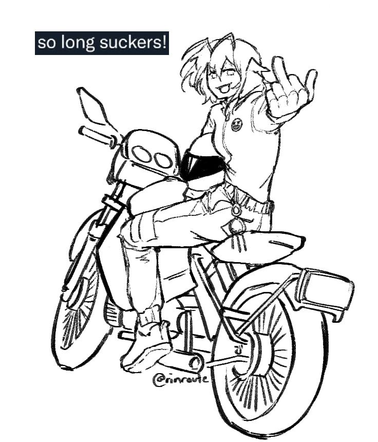 W from Arknights, riding a motorcycle.
"so long suckers!"
