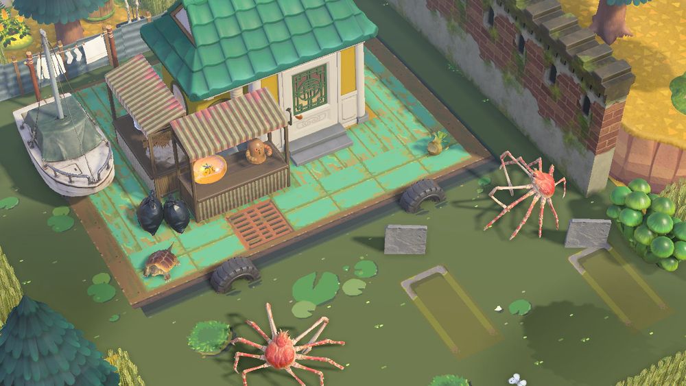 my swamp! a house sits on a platform surrounded by swampy green water. there are giant crabs crawling through the swamp and sunken graves