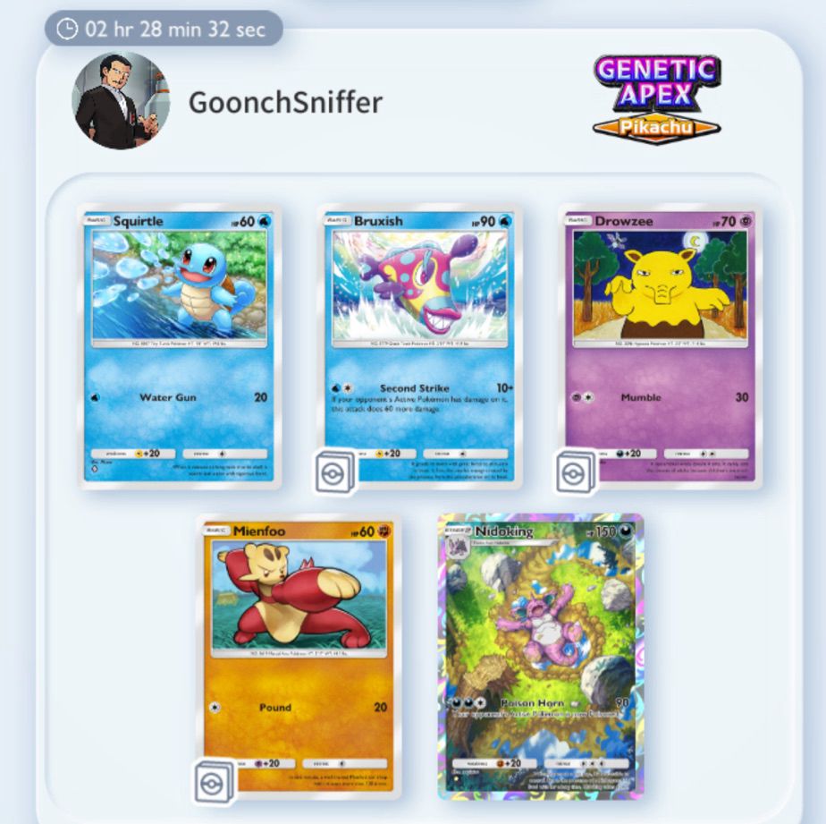 A screenshot from Pokemon TCG Pocket showing a user with the name “GoonchSniffer”