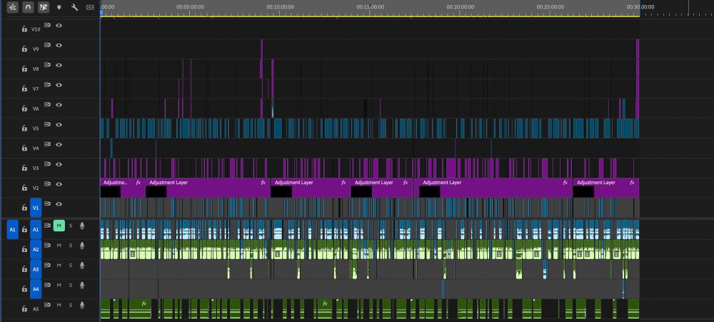 A Premiere Pro edit timeline showing a 30 minute video with 12 tracks of video and 5 tracks of audio.