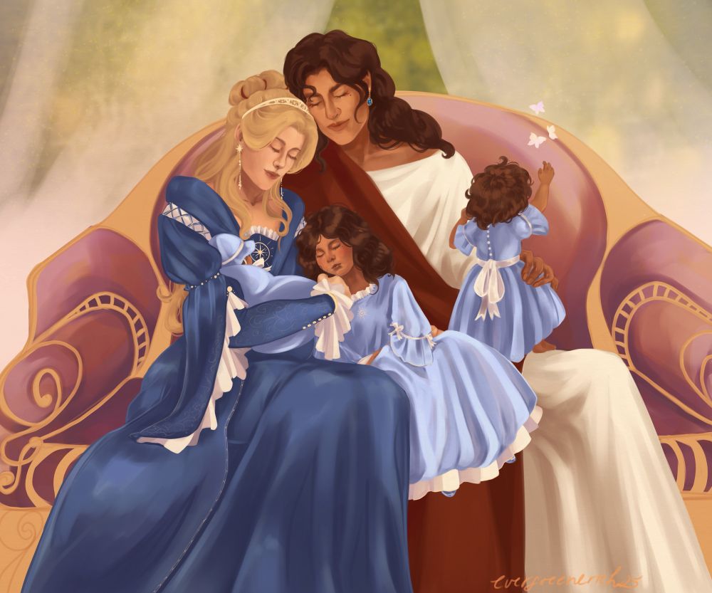 Laurent and Damen are portrayed on a comfortable bench, cuddling with their three children. They are expecting a fourth little one. Laurent is wearing a dark blue dress, with trailing sleeves and white ruffled ends. All the children are also wearing baby blue clothes, and have Damen’s beautiful dark-brown curls. Damen is wearing a long, white garment. On top of it there is a dark red fabric. The second oldest child is sneakily trying to catch three butterflies, but Damen is gently holding him. Laurent is holding their baby, and the oldest child is sleeping on Damen’s lap, with his head resting against Laurent’s arm.