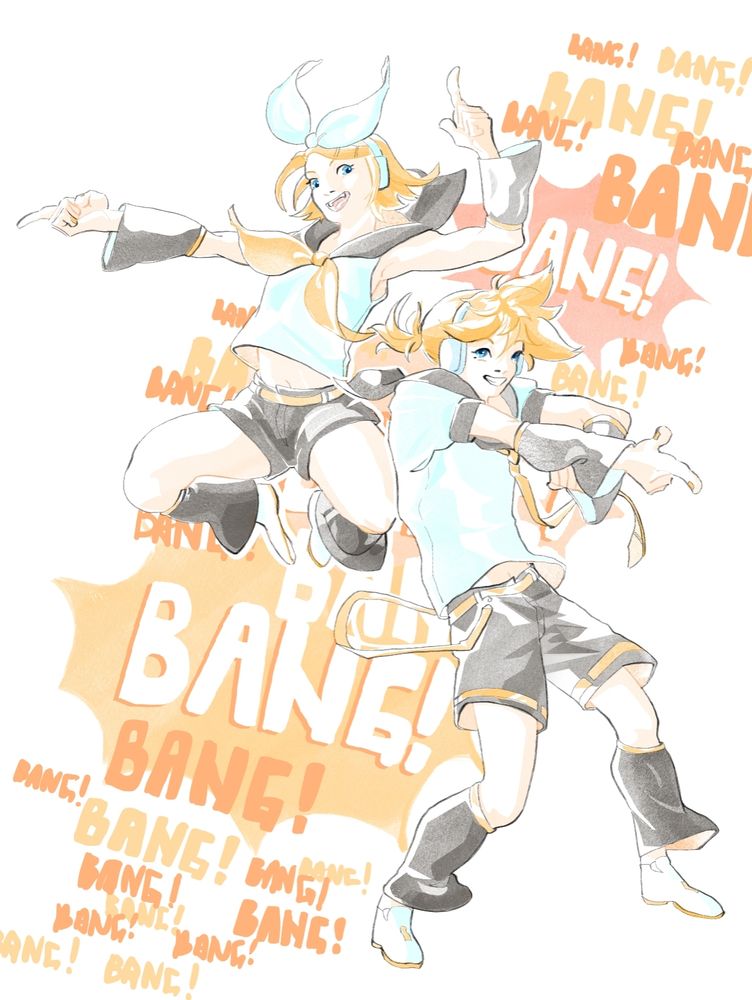 Вокалоїди Кагаміне Рін та Лен. Лен стоїть праворуч, виставляє праву руку у жесті "пістолет", ліва рука напівзігнута. Рін ліворуч у стрибку робить той самий жест що й Лен обома руками. На тлі за ними повторується слово "бах" англійською, що ілюструє звук вистрілу пістолета.
Vocaloids Kagamine Rin and Len. Len is standing on the right, making finger gun with his right hand. Rin in the air also making finger guns with both her hands. At the background word "bang" repeats.