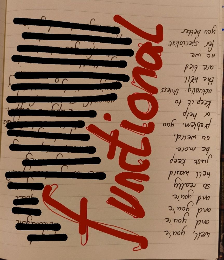 The word "functional" is in the centre of the page in big red text. Text on the right, upside down reads
"well you're 
and you're 
and you're 
and you're 
so really
hell would
just keep
be more
so weird
problem, you
or help
Keep it to
actually. Unless
the hell
are tied 
no we 
for specialist 
you better

The words on the left are censored by black lines.