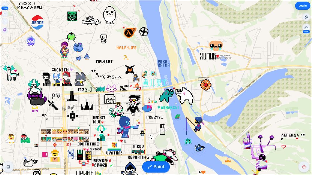 Карта одного из районов, поверх которой нарисовано много персонажей из DELTARUNE и прочих пиксельных рисунков разных пользователей.