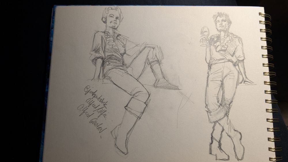 A couple quick sketches based upon @jookpubstock 's recent photography, both taken from a low angle looking up at a vibrant figure dressed in a ruffle-laden shirt, form fitting trousers and knee-high boots.

On the left, Alfie sits on a platform with left knee up, left foot spread to their left, left arm draped upon knee, while their right leg hangs down leisurely and Alfie looks on, roughly above and behind the viewer's point of view.

On the right, Alfie leans lightly backwards against the platform, slightly contraposto, left hand braced on the platform behind. In their right hand is raised a wine glass. Below are booted legs casually crossed in a standing pose. Alfie glances to the left and above.