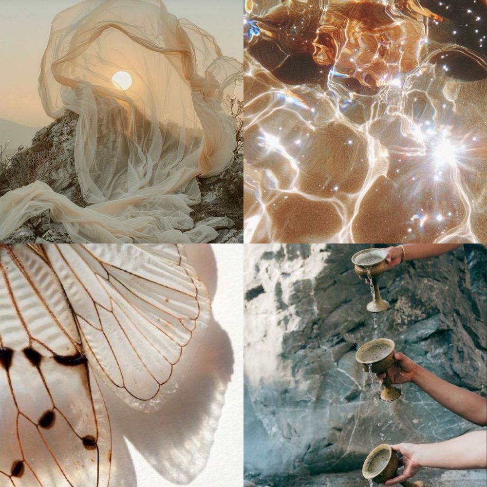 Top left: billowing fabric in the desert covering the sun
Top right: pale amber sand with refracting water
Bottom left: clear butterfly wings
Bottom right: three hands holding goblets as water cascades down the rock