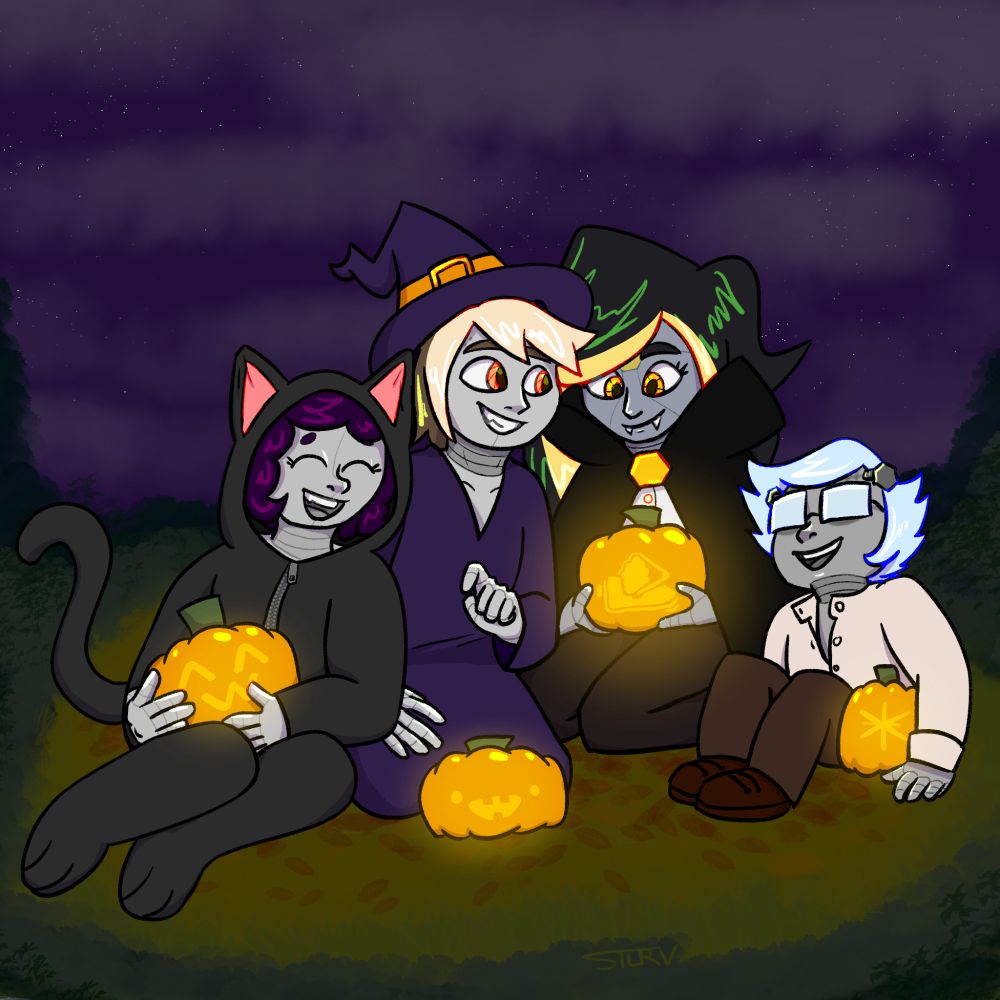 Four android characters, Psyche, Clipper, Jay, and Tess, are sitting in a pile of leaves in an outdoor expanse at night. They are all smiling at each other, dressed up in Halloween costumes. From left to right, they are dressed as a black cat, a witch, a vampire, and Frankenstein's monster. Each of them has a carved pumpkin.