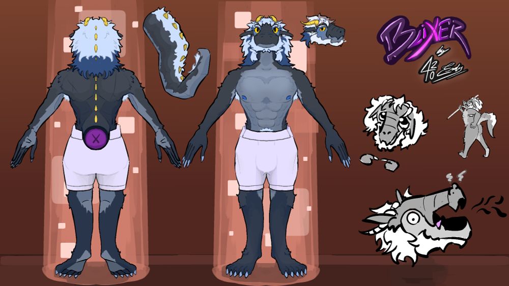 Drawing of a dark and light gray dragon sona with blue and yellow details.