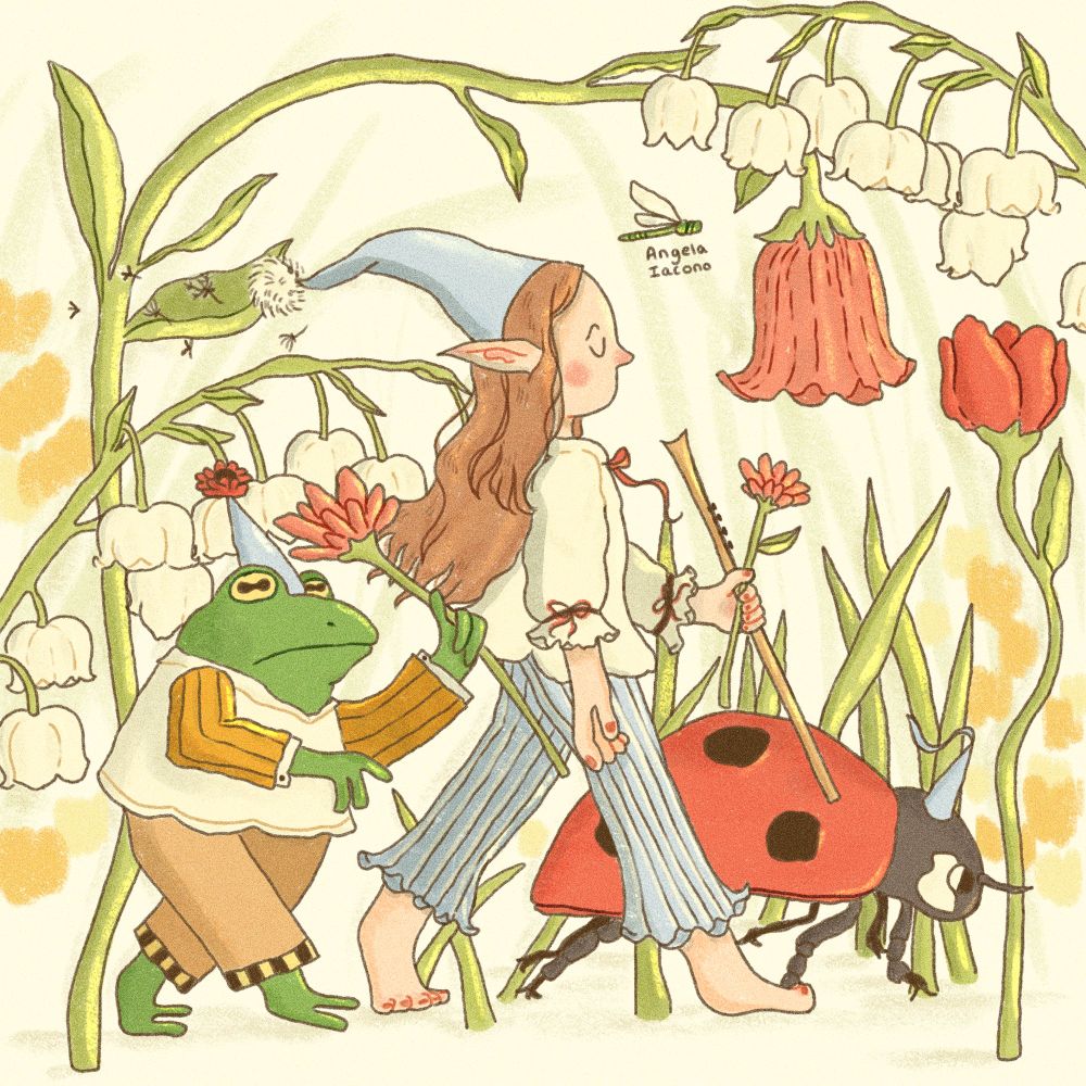 A frog, a girl and a lady bug on a walk together. There are flowers in the background as well as grass. There is also a tiny dragonfly in front of the girl