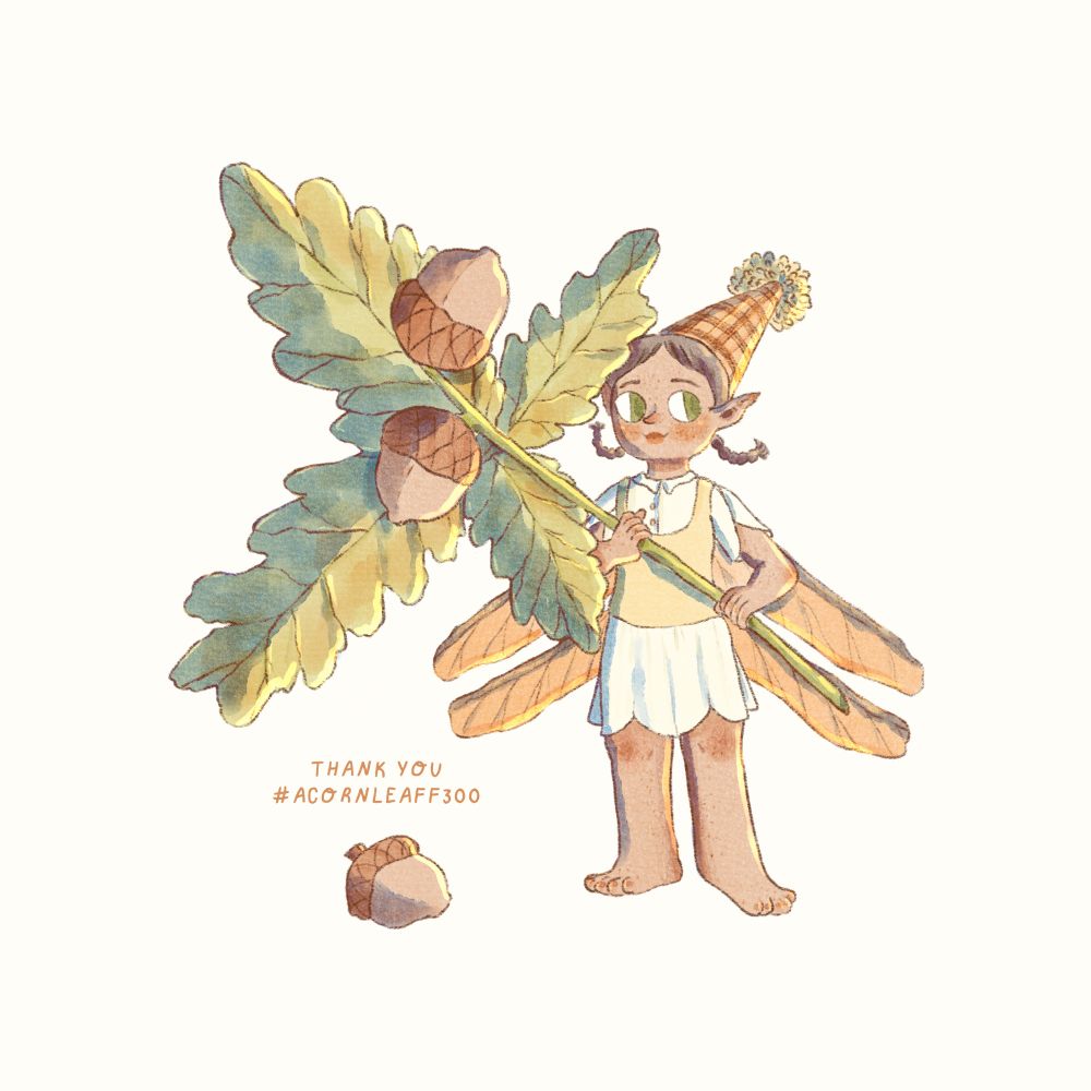 A girl holding a stem with leaves and little acorns. She has tan/brown skin with orange wings and is wearing a collared dress with a yellow vest over her. She is also wearing a plaid gnome hat with a flower at the end!