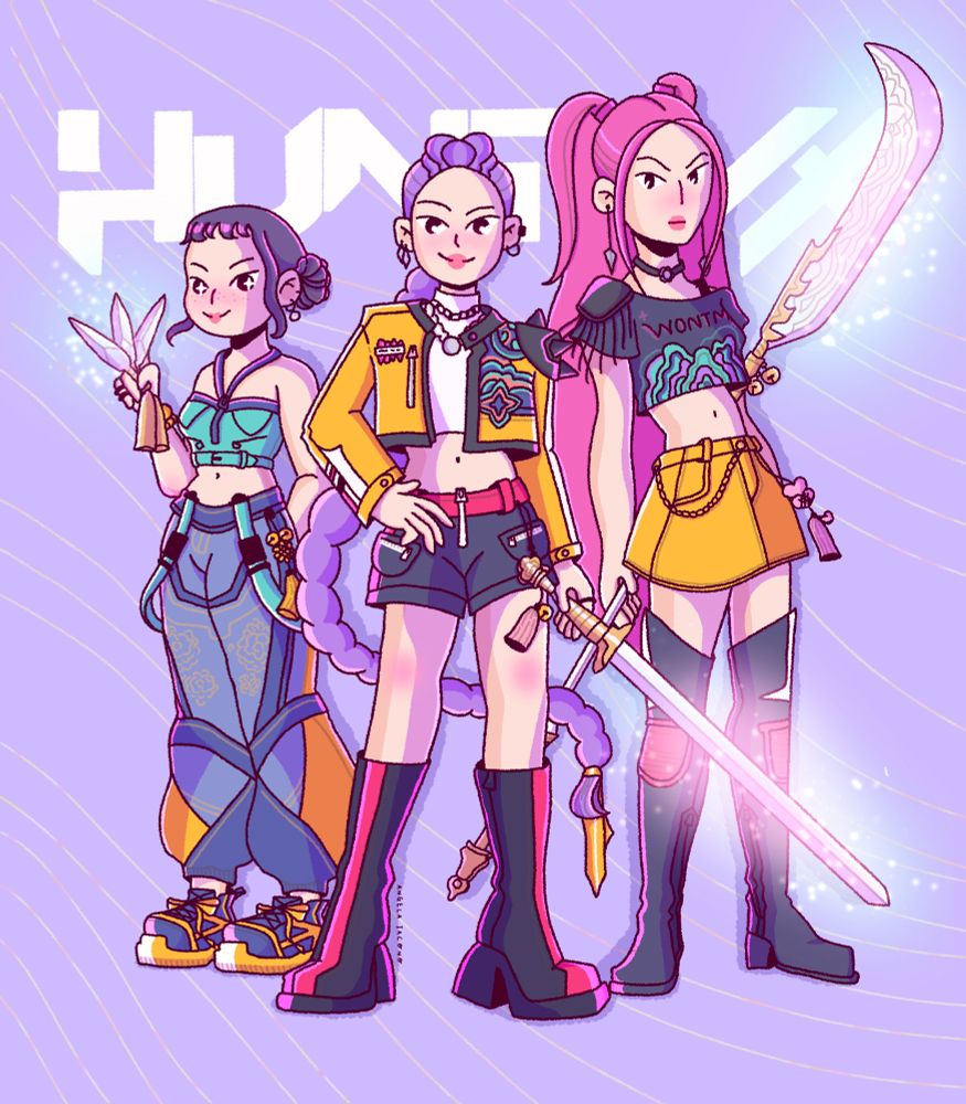 Characters from the movie Kpop Demon Hunters

Zoey on the left
Rumi in the middle
Mira on the right
