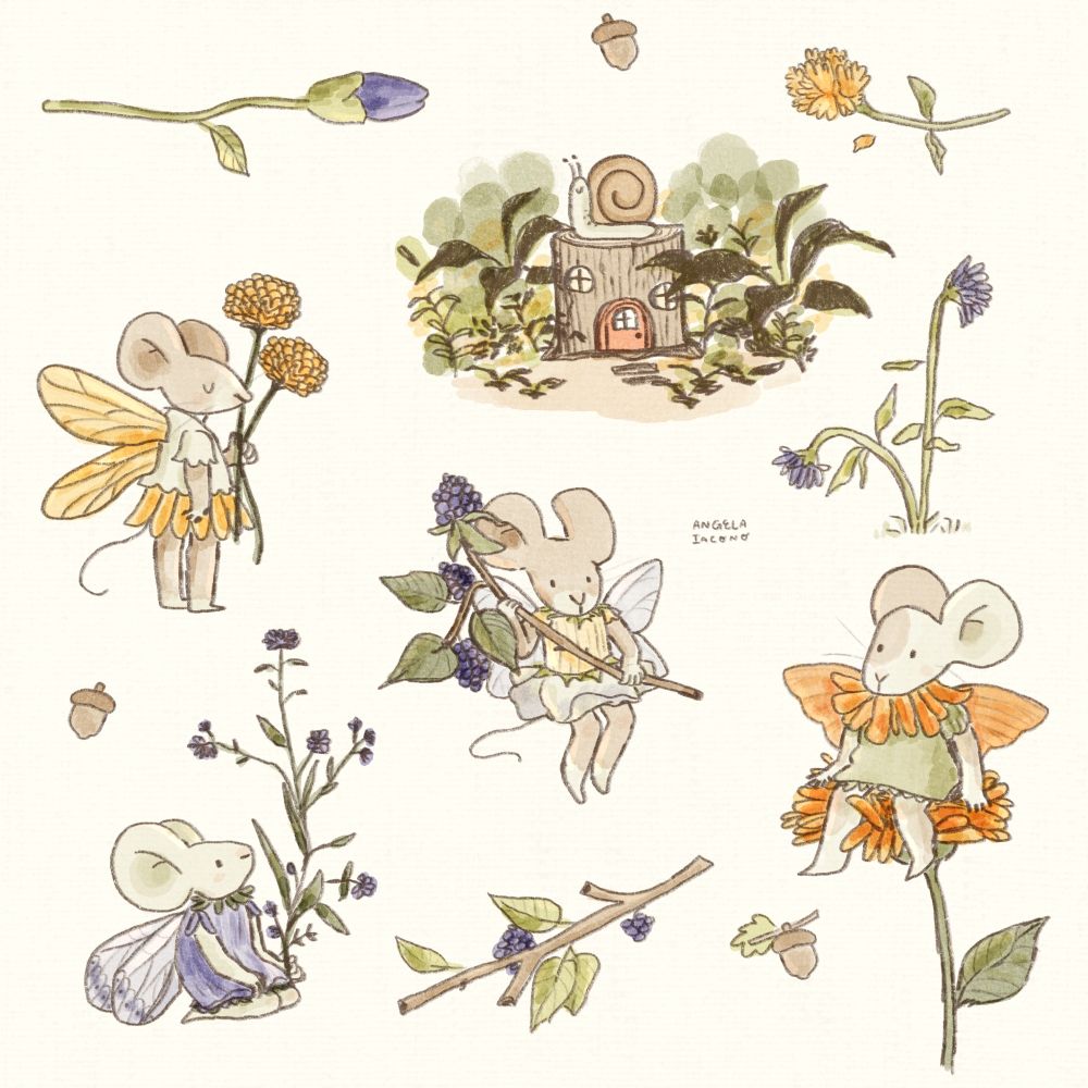 4 mice that have fairy wings along with a snail sitting on top of a stump